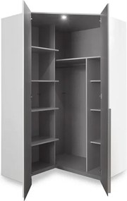 Rohová šatníková skriňa New York D, biela / zrkadlo / osvetlenie