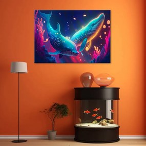Obraz na plátně, Neonové velryby pod vodou - 120x80 cm