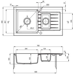 Deante Zorba, granitový drez 760x440x164 mm Z/O, 3,5" + priestorovo úsporný sifón, 1,5-komorový, antracitová metalíza, DEA-ZQZ_T513