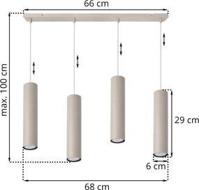 Závesné svietidlo Tuba, 4x béžové kovové tienidlo