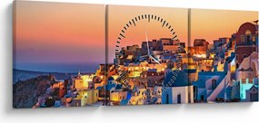 Obraz - Santorini pri zotmení (s hodinami) (90x30 cm)