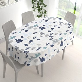 Biante Detský bavlnený oválny obrus Sandra SA-685 Modré autá medzi stromami na bielom 120x200 cm