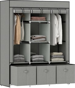 HOMCOM Textilná Šatník s Odevným Rárom, Šuflíkmi a Zipsom, Skladací Šatník pre Spálňu a Šatňu, 125 x 43 x 162,5 cm, Svetlo Šedá | Aosom