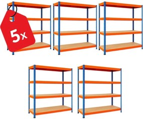 Akcia 5x Regál 168x160x60 cm profesionálny 4-policový, nosnosť 1200 kg - modro-oranžový