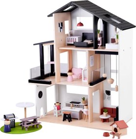 JOKOMISIADA Moderný drevený domček pre bábiky v štýle LOFT + bábiky a nábytok ZA5073