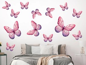 Motýle svetlo ružové 13 ks textilní prelepiteľné nálepky na stenu list 30 x 30 cm