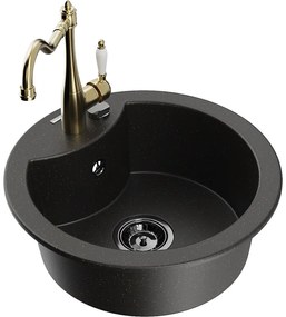 Mexen Diego, granitový drez 488x488x167 mm, 1-komorový a drezová batéria Carla, čierna-zlatá metalíza, 6512-75-670700-50-B