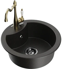 Mexen Diego, granitový drez 488x488x167 mm, 1-komorový a drezová batéria Carla, čierna-zlatá metalíza, 6512-75-670700-50-B