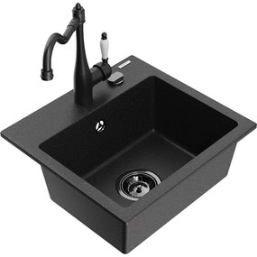 Mexen Milo, granitový drez 435x410x171 mm, 1-komorový a drezová batéria Carla, čierna-strieborná metalíza, 6505-73-670700-70-B