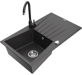 Mexen Cesar, granitový drez 775x470x190 mm, 1-komorový a čierna batéria Telma, čierna škvrnitá, 6514-76-670200-70