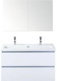 Kúpeľňový nábytkový set Vogue 100 cm s keramickým umývadlom 2 otvormi na kohúty a zrkadlovou skrinkou biela vysoko lesklá