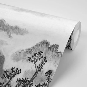 Samolepiaca tapeta čiernobiela čínska maľba krajiny - 225x150
