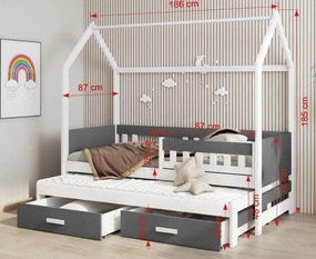 Detská domčeková posteľ z masívu borovice JASPER so šuplíkmi a prístelkou - 180x80 cm - biela/antracit