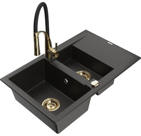 Mexen Gaspar, 1,5-komorový granitový drez 737x475x177 mm a drezová batéria Aster, čierna-zlatá metalíza, 6507-75-73450-57-G