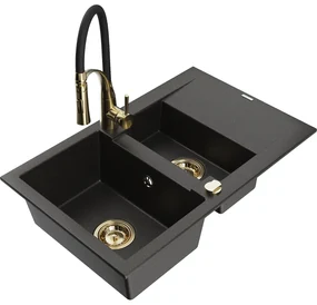 Mexen Gaspar, 1,5-komorový granitový drez 737x475x177 mm a drezová batéria Aster, čierna-zlatá metalíza, 6507-75-73450-57-G