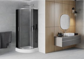 Mexen Rio, štvrťkruhový sprchovací kút s posuvnými dverami 80 x 80 cm, 6mm šedé sklo, chrómový profil + biela vysoká sprchová vanička Rio, 863-080-080-01-40-4710