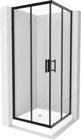 Mexen Rio, štvorcový sprchovací kút s posuvnými dverami 80 x 80 cm, 5mm číre sklo, čierny profil + biela vysoká sprchová vanička Rio, 860-080-080-70-00-4510