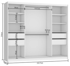 Šatníková skriňa 232 cm Belini biely mat / biely lesk s posuvnými dverami zrkadlom a zásuvkami  MGB SZP8/0/W/2W1L/KLAL