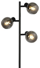 Art Deco stojaca lampa čierna 3-svetlo s dymovým sklom - Vidro