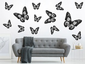 Motýle čierne 13 ks textilní prelepiteľné nálepky na stenu list 30 x 30 cm