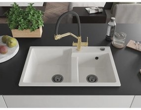 Mexen Tomas, 2-komorový granitový drez 800x500x190 mm  a kuchynská batéria Duo, biela, 6516-20-671701-57-B