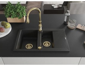 Mexen Gaspar, 1,5-komorový granitový drez 737x475x177 mm a drezová batéria Savita, čierna-strieborná metalíza, 6507-73-672601-50