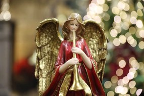 Červeno zlatá figúrka anjel s trúbkou 38cm