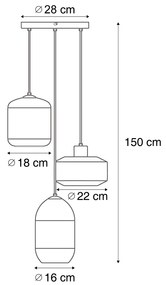 Moderné závesné svietidlo čierne s jantárovým sklom 3-svetlá - Sheena