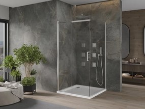 Mexen Omega, sprchovací kút s posuvnými dverami 100 (dvere) x 100 (stena) cm, 8mm číre sklo, chrómový profil + slim sprchová vanička 5cm, 825-100-100-01-00-4010