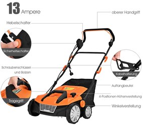 Elektrický vertikutátor Prevzdušňovač trávnika 1800W 2 úrovne Pracovná hĺbka 67 x 58 x 86 - 104 cm Oranžová