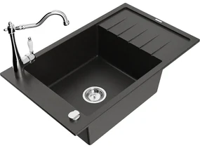 Mexen Elias, granitový drez 795x480x200 mm, 1-komorový a drezová batéria Carla, čierna-zlatá metalíza, 6511-75-670700-00