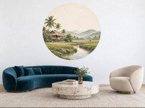 Chyža medzi ryžovými poliami akvarelová okrúhla dekorácia na stenu do obývačky arch 46 x 46 cm
