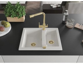 Mexen Carlos, 1,5-komorový granitový drez 582x475x177 mm a drezová batéria Duero, biela, 6518-20-671600-50