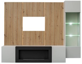 Obývacia stena Xavus L-K (perla grey + dub artisan)(s osvetlením) (s bio krbom). Vlastná spoľahlivá doprava až k Vám domov. 1118833