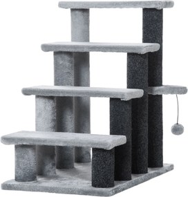 PawHut Mačacie schody 4-krokové s škrabadlom a loptou - schody pre psov a mačky do 5 kg, plyšový jutový šedý, 60 x 40 x 64 cm | Aosom