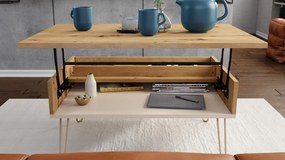 HAIRPIN S-90 Dub Artisan/Béžová (Šampanská) - MODERNÝ KONFERENČNÝ STOLÍK S VÝKLOPNOU DOSKOU + ÚLOŽNÝ PRIESTOR + POLICA