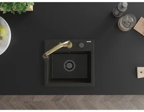 Mexen Milo, 1-komorový granitový drez 435x410x171 mm a drezová batéria Elia, čierna-zlatá metalíza, 6505-75-670101-50-B