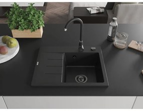 Mexen Ben, 1-komorový granitový drez 600x500x190 mm, pravý + čierny sifón, čierna, 6523605000-77-B
