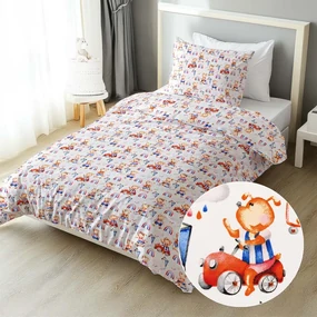 Biante Detské bavlnené posteľné obliečky Sandra SA-521 Modro-červení psíkovia s autami na bielom Jednolôžko 140x200 a 70x90 cm