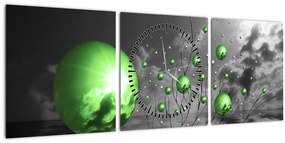 Obraz zelených abstraktných gulí (s hodinami) (90x30 cm)