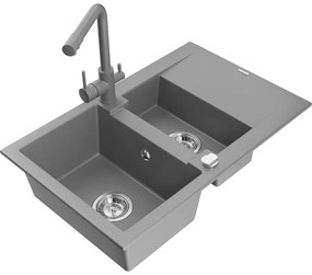 Mexen Gaspar, granitový drez 737x475x177 mm, 1,5-komorový, šedá batéria Duero, šedá, 6507-71-671600-71