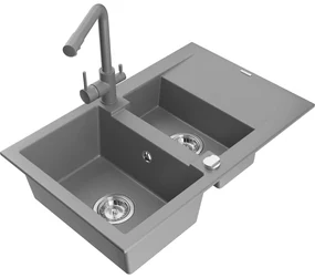 Mexen Gaspar, granitový drez 737x475x177 mm, 1,5-komorový, šedá batéria Duero, šedá, 6507-71-671600-71
