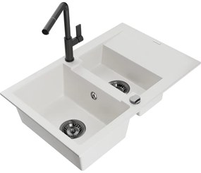 Mexen Gaspar, 1,5-komorový granitový drez 737x475x177 mm a drezová batéria Flora, biela, 6507-20-670401-70-B
