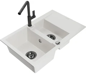 Mexen Gaspar, 1,5-komorový granitový drez 737x475x177 mm a drezová batéria Flora, biela, 6507-20-670401-70-B