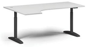 Výškovo nastaviteľný stôl OBOL, elektrický, 675-1325 mm, rohový ľavý, doska 1800x1200 mm, čierna zaoblená podnož, biela