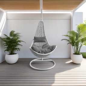 Garden Line BIELA ZÁVESNÁ STOLIČKA, VANKÚŠ – TMAVOSIVÁ, RÁM – BIELY, POLOVICA