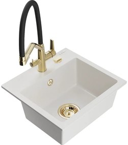 Mexen Milo, granitový drez 435x410x171 mm, 1-komorový a drezová batéria Duo, biela, 6505-20-671701-57-G