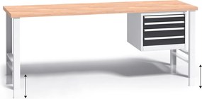 Výškovo nastaviteľný pracovný stôl do dielne G3 so závesným boxom na náradie, buková škárovka, 4 zásuvky, 2000 x 685 x 840 - 1050 mm, grafit