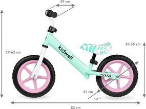 Kidwell REBEL Mint - ľahký balančný bicykel 2,64 kg, 12" EVA pneumatiky, pre deti 80-120 cm