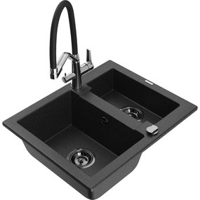 Mexen Carlos, 1,5-komorový granitový drez 582x475x177 mm a drezová batéria Duo, čierna-strieborná metalíza, 6518-73-671701-07-B